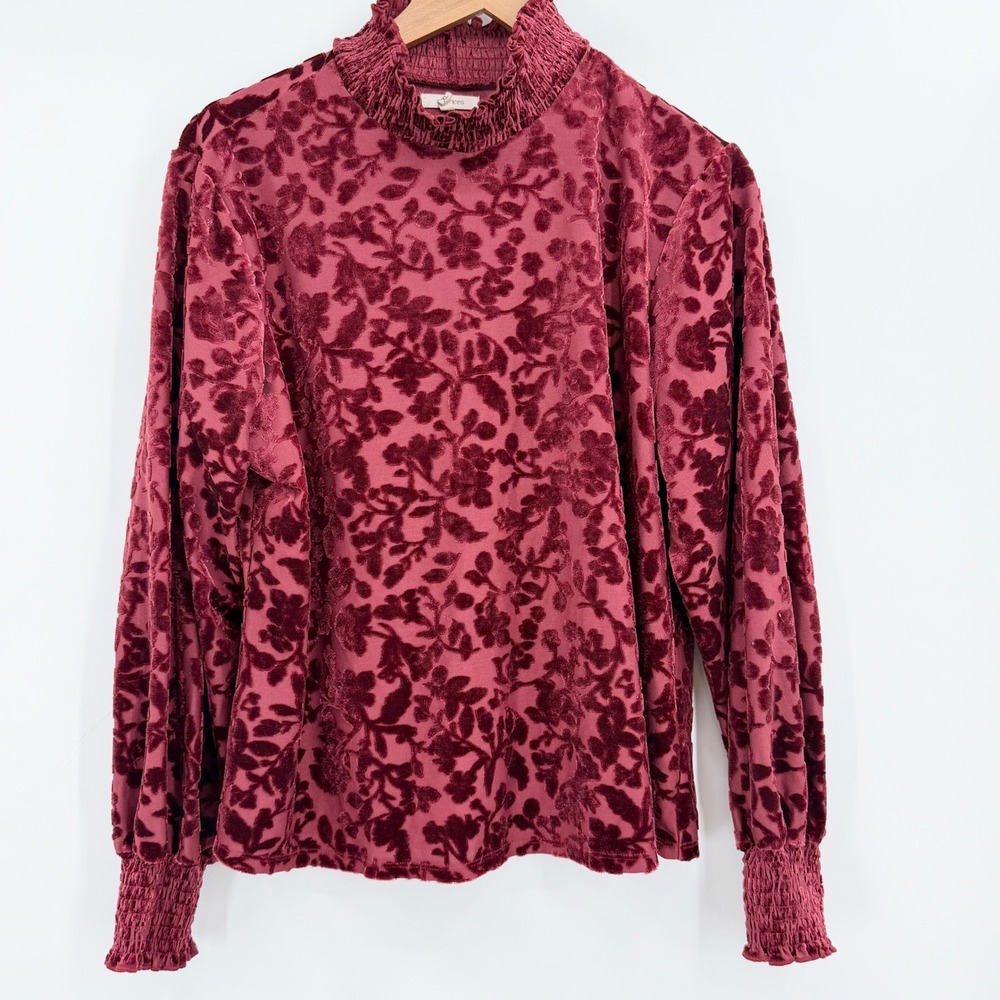 Burgundy Floral Velvet Burnout Mock Neck Smocked Top Long Sleeve XL Whimsigoth